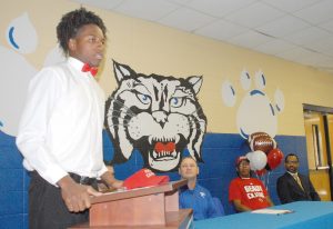 Varnado’s Andre Jones speaks during his signing last Wednesday at the Varnado High School cafeteria.